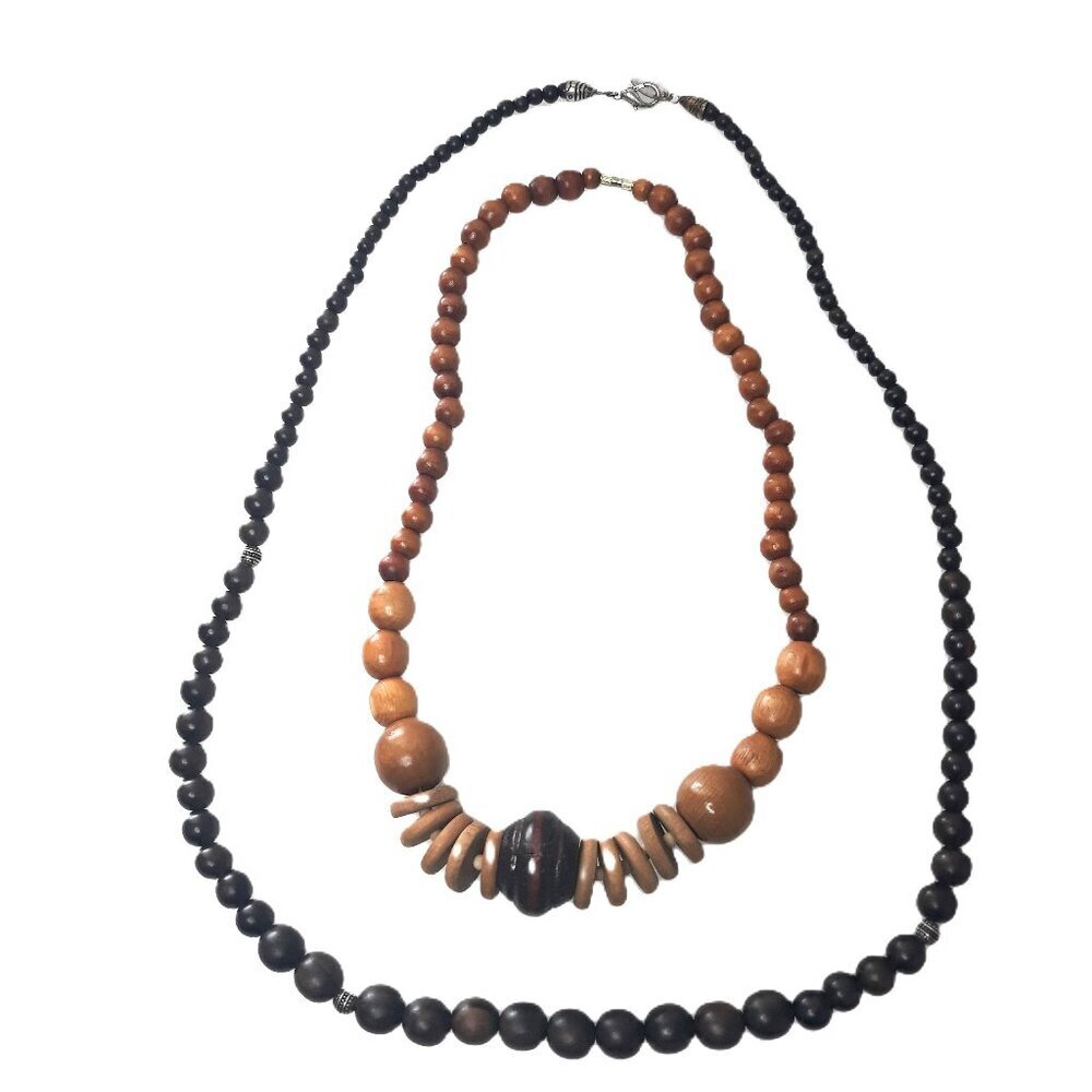 Lot of 2 Vintage Tan & Brown Wood Bead Strung Necklaces Boho Western Coastal